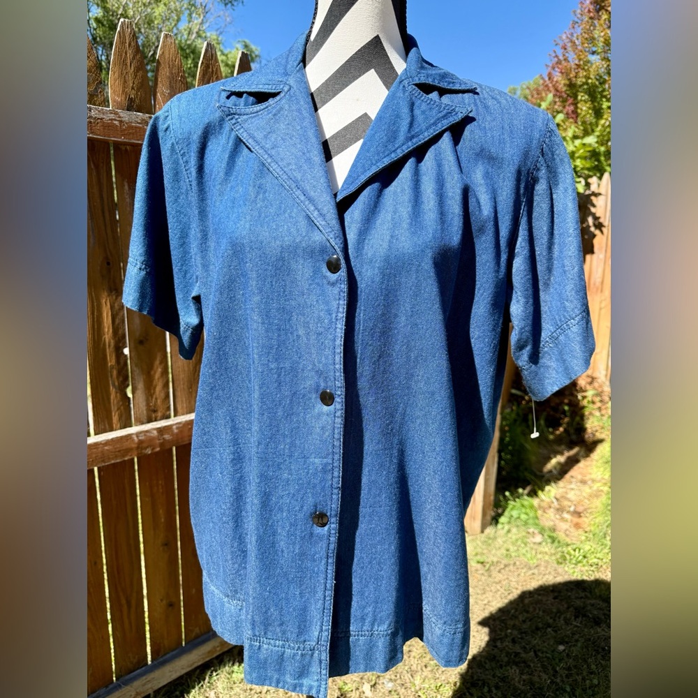 Vintage Bis Bis Gene Ewing Shirt Womens Chambray Blue Snaps Small Shoulder Pads